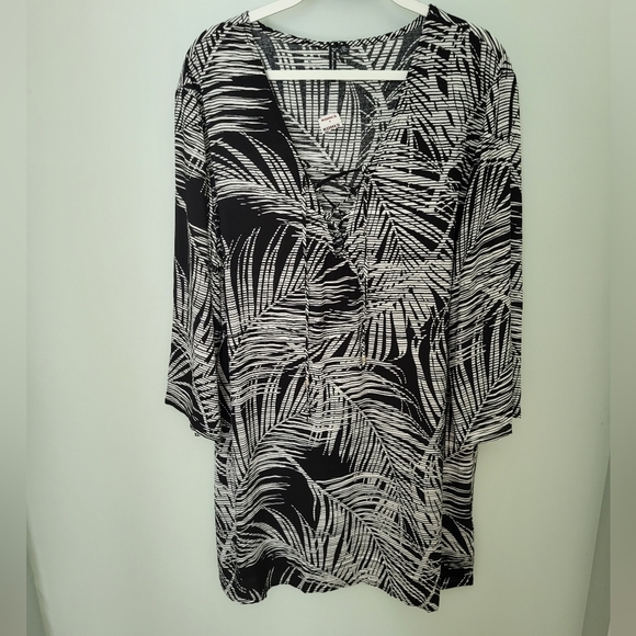 Palm Print Lace Up Plus Size Swim Suit Beach Cover Up Tunic New XXL - Picture 3 of 9